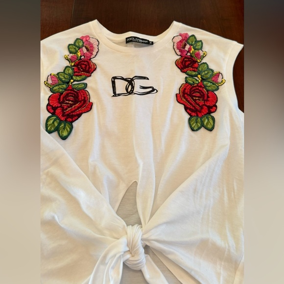 Dolce and Gabbana Jersey t-shirt with tie hem and raffia embroidery - Picture 4 of 6